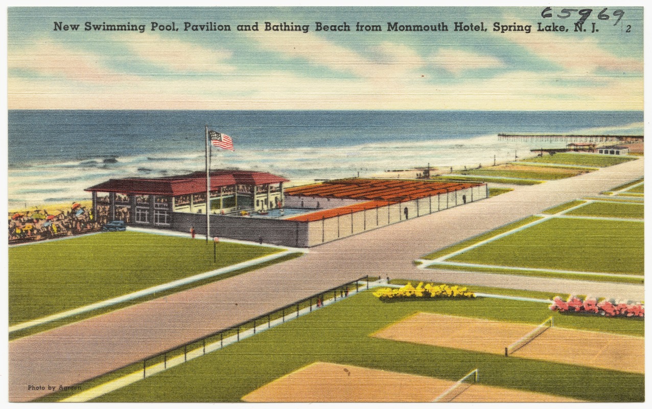 New swimming pool, pavilion and bathing beach from Monmouth Hotel