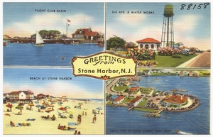 Greetings from Stone Harbor, N. J. -- yacht club basin, 2nd Ave. & water works, reach at Stone Harbor, aerial view of Stone Harbor Yacht Club