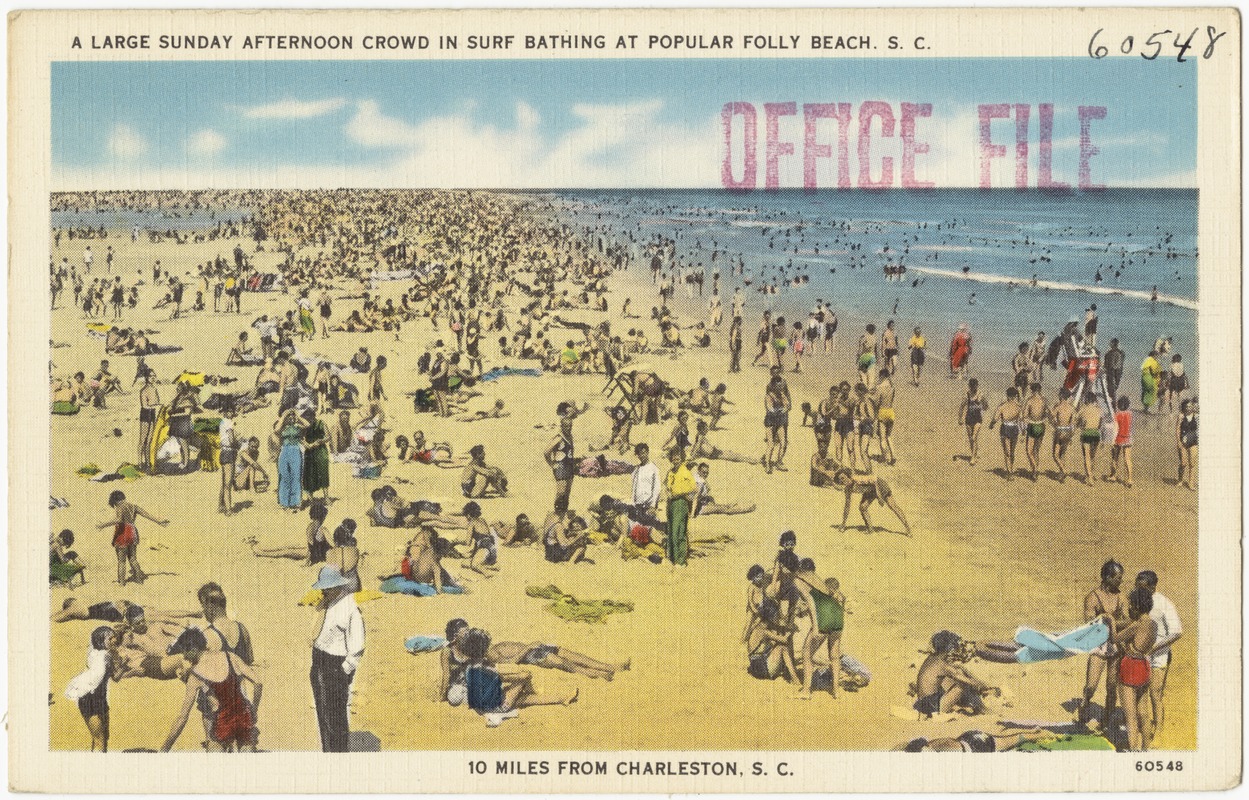 A large Sunday afternoon crowd in surf bathing at popular Folly Beach, S. C., 10 miles from Charleston, S. C.