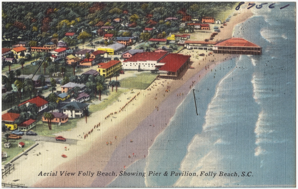 Aerial view Folly Beach, showing pier & pavilion, Folly Beach, S. C.