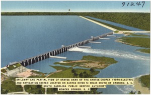 Spillway and partial view of Santee Dams of the Santee-Cooper Hydro-Electric and Navigation System located on Santee River 12 miles south of Manning, S. C. South Carolina Public Service Authority, Moncks Corner, S. C.