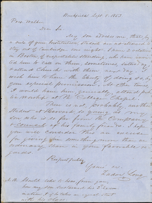 Letter from Zadoc Long to James Walker, September 8, 1853