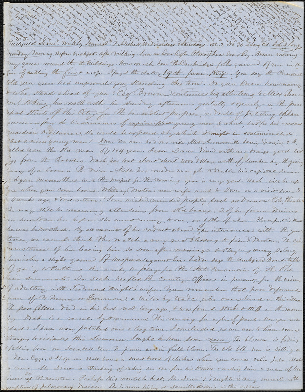 Letter from Zadoc Long to John D. Long, June 19, 1854