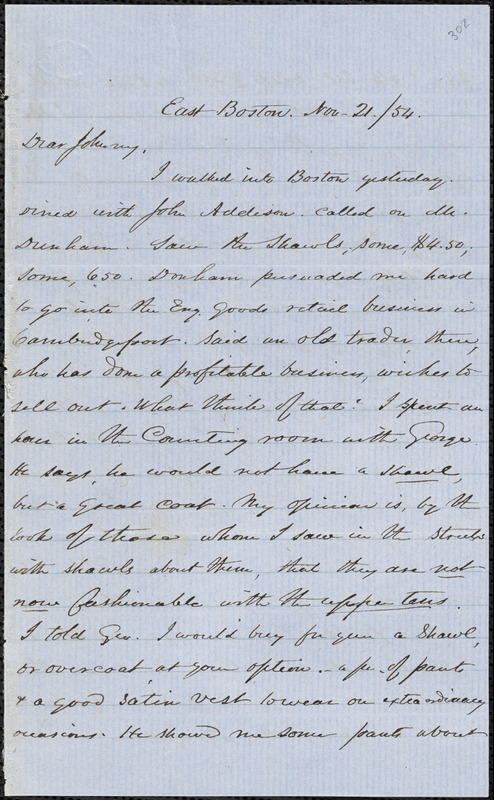 Letter from Zadoc Long to John D. Long, November 21, 1854