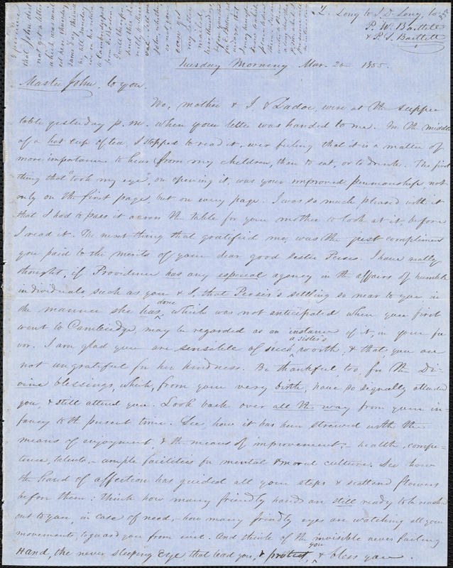 Letter from Zadoc Long to John D. Long, Persis Seaver Long Bartlett, and Percival W. Bartlett, March 20, 1855