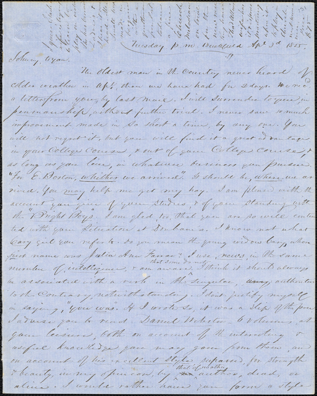 Letter from Zadoc Long and Julia Temple Davis Long to John D. Long and Persis Seaver Long Bartlett, April 3, 1855
