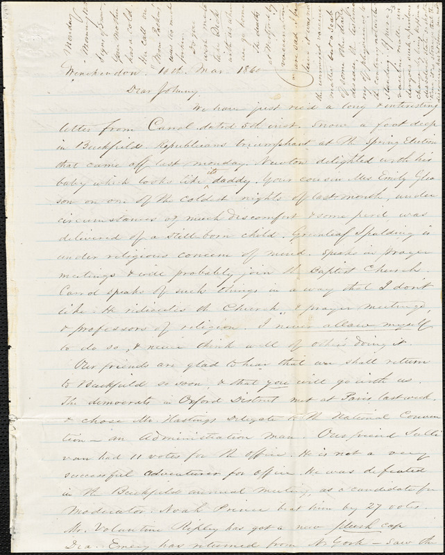 Letter from Zadoc Long to John D. Long, March 10-12, 1860