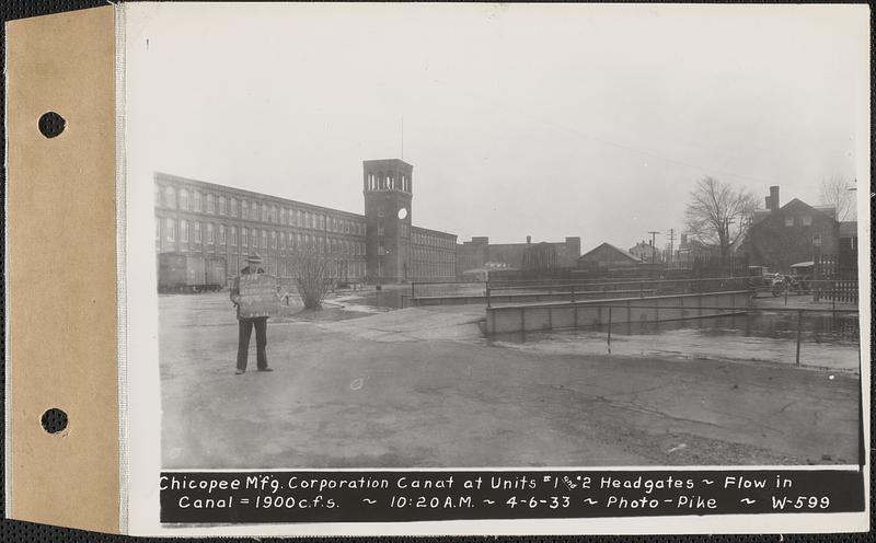 Chicopee Manufacturing Corp., canal at Units #1 and #2 headgates, flow in canal = 1900 cubic feet per second, Chicopee, Mass., 10:20 AM, Apr. 6, 1933