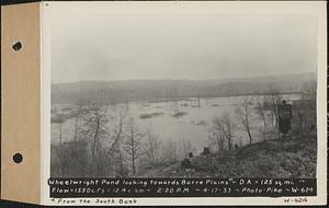 Wheelwright Pond, looking towards Barre Plains from the south bank, drainage area = 125 square miles, flow = 1550 cubic feet per second = 12.4 cubic feet per second per square mile, Hardwick, Mass., 2:20 PM, Apr. 17, 1933