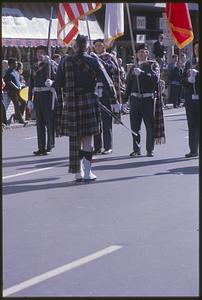 Drum major and color guard, parade, Tremont Street, Boston