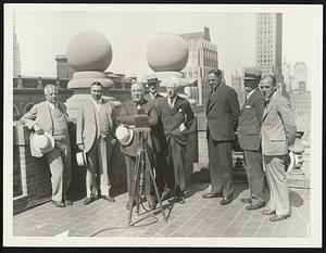Baseball Officials Confer on Series Plans. Judge Kenesaw M. Landis, commissioner of baseball, pictured with baseball officials in New York, September 9, when they met to discuss plans for the World's Series. Left to right: John Heydler, president of the National League; Sam Waters of the Pittsburgh Pirates; Col. Jacob Ruppert, owner of the New York Yankees; Will Harridge, president of the American League; Judge Landis; Bill Veeck, president of the Chicago Cubs; Frank B. York, president of the Brooklyn Dodgers, and Harvey Traband, secretary to Heydler.