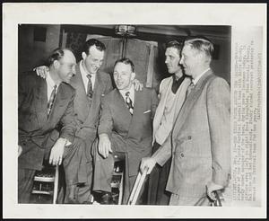 Red Birds Around New Leader-- Veteran players of the St. Louis Cardinal baseball team with Eddie Stanky, newly named manager of the team, during press luncheon today. In picture are: (left to right) Enos Slaughter, Stan Musial, Stanky, Hal Rice and Red Schoendienst. Stanky signed contract yesterday to manage the Cardinal team for two years.