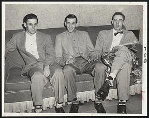 Red Birds Resting at the hHotel Kenmore awaiting the twi-night doubleheader tonight with the Braves at the Wigwan included this trio of St. Louis Cardinal pitchers. Left to right, Joe Presko, John Yuhas and Cliff Chambers.