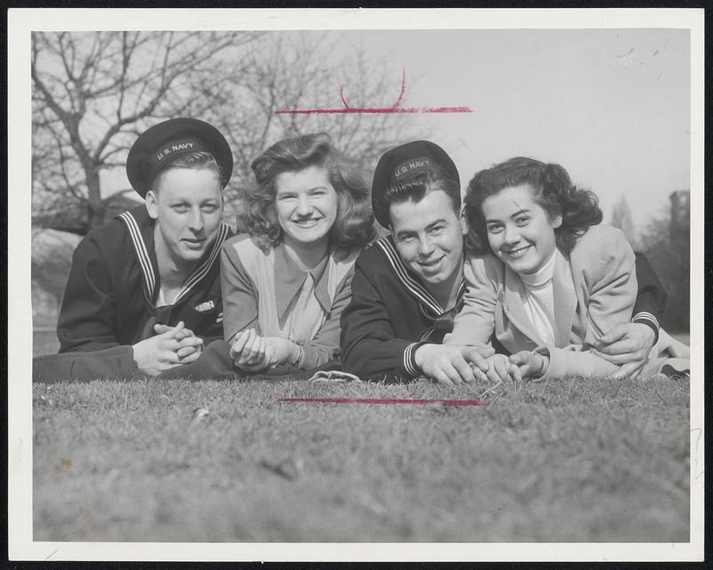 First Taste of Spring was enjoyed by mothers and their children and sailors and their girls by basking in the sun on the Charles River Esplanade yesterday. Bottom, left to right, Claude Washum of Verona, Ky., Vivian Cotter of Cambridge, Stanley Dekowski of Buffalo, N. Y., and Gloria Foster of Cambridge.