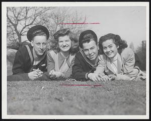 First Taste of Spring was enjoyed by mothers and their children and sailors and their girls by basking in the sun on the Charles River Esplanade yesterday. Bottom, left to right, Claude Washum of Verona, Ky., Vivian Cotter of Cambridge, Stanley Dekowski of Buffalo, N. Y., and Gloria Foster of Cambridge.