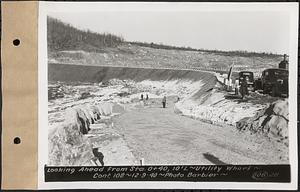 Contract No. 108, Utility Wharves, Quabbin Reservoir, Ware, looking ahead from Sta. 0+40, 10 ft. left, Ware, Mass., Dec. 9, 1940