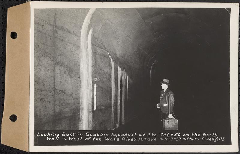 Contract No. 17, West Portion, Wachusett-Coldbrook Tunnel, Rutland, Oakham, Barre, looking east in Quabbin Aqueduct at Sta. 726+50 on the north wall, west of the Ware River Intake, Barre, Mass., Oct. 7, 1937