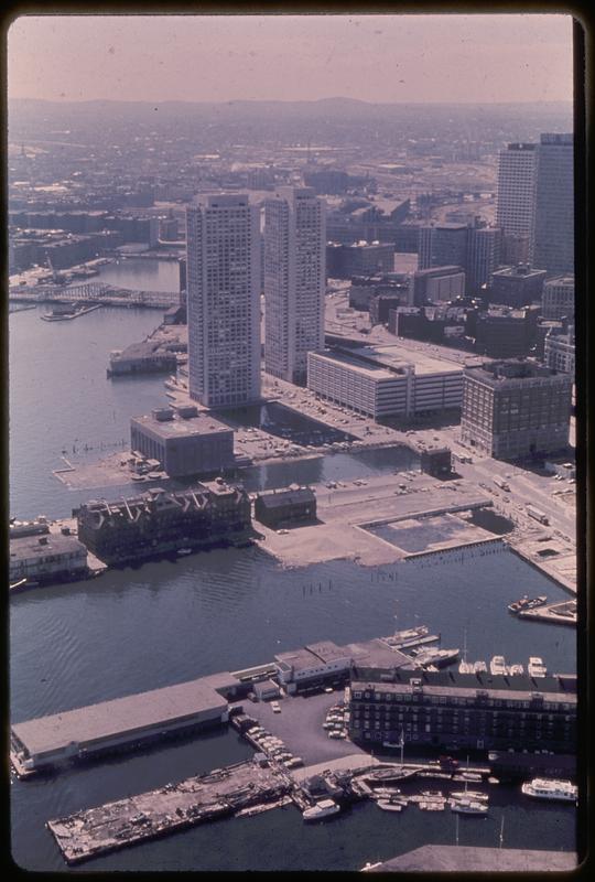 View of Boston from above, Harbor Towers in foreground