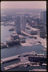 View of Boston from above, Harbor Towers in foreground