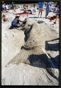 Ipswich, MA (circa 1982): Sand sculptures being made on Crane Beach