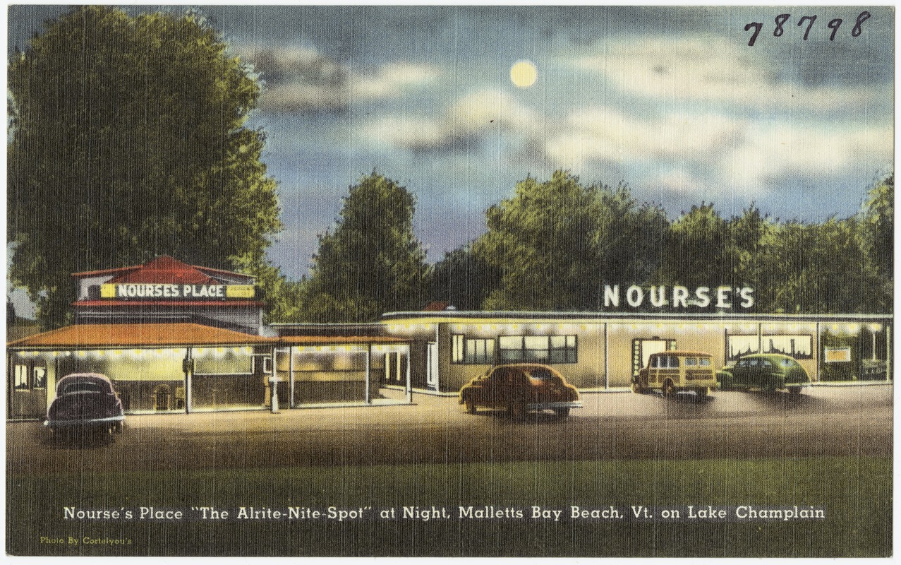 Nourse's Place, "The AlriteNiteSpot" at night, Malletts Bay Beach, Vt