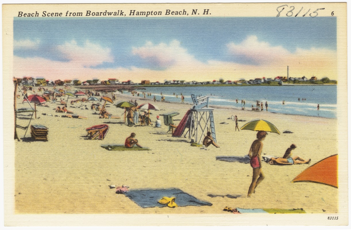 Beach scene from boardwalk, Hampton Beach, N.H.