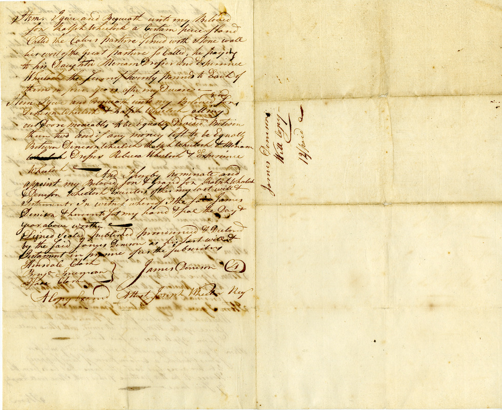 Last will and testament of James Deneson credited as the first settler in Southbridge Massachusetts
