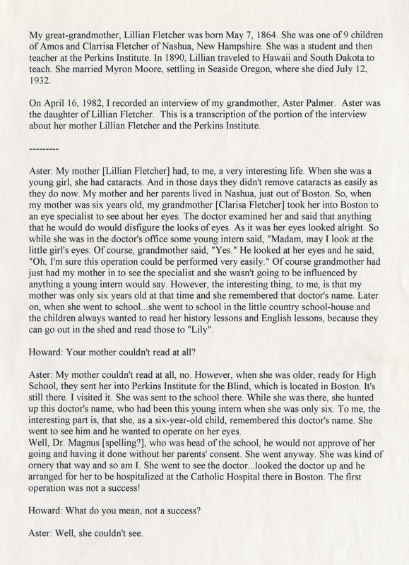Oral history transcript with Aster Palmer, daughter of Lillian Fletcher (p 1 of 2)