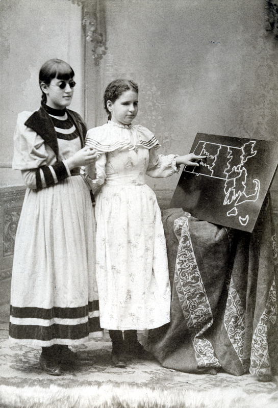 Edith and Lottie with Massachusetts Map