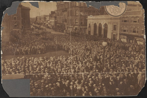 Crowd filling Market and Pleasant Streets, New Bedford, to watch the player board outside the Standard building during Men World Series game between the Senators and Pirates in 1923