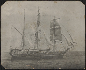 Unidentified and uncaptioned half-tone image of whaling ship at sea, in profile facing right
