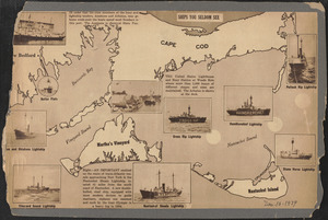 Map of Cape Cod, Martha's Vineyard, Nantucket, and Massachusetts mainland at New Bedford