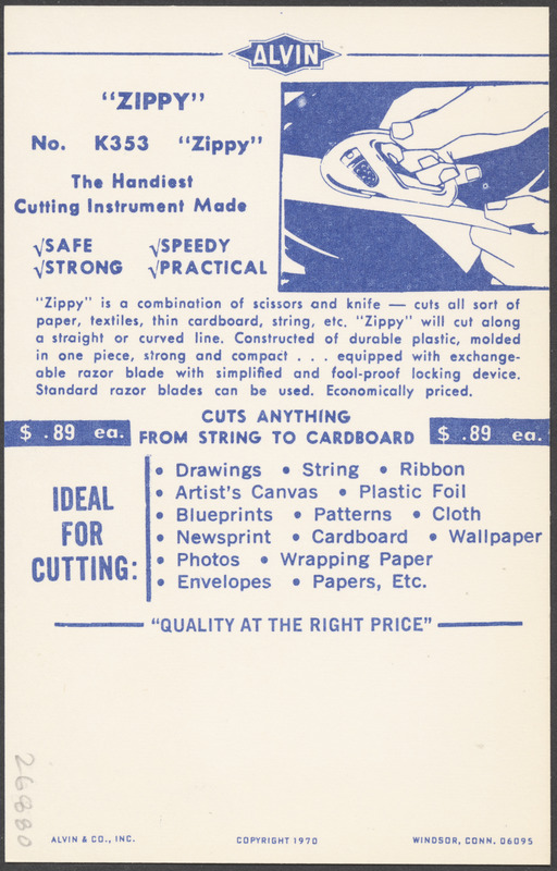 "Zippy" a handy cutting instrument for stores, industry, offices, homes or schools
