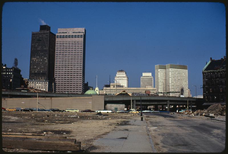 Pan from right to left on Atlantic Avenue, toward Commercial Wharf Street around past Custom House toward apartments