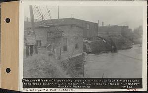 Chicopee River, Chicopee Manufacturing Corp., tailrace #5 Unit, head canal to tailrace 23.5ft., drainage area = 713 square miles, flow = 5450 cubic feet per second = 7.6 cubic feet per second per square mile, discharge #5 Unit = 1200 cubic feet per second, Chicopee, Mass., 11:10 AM, Apr. 6, 1933