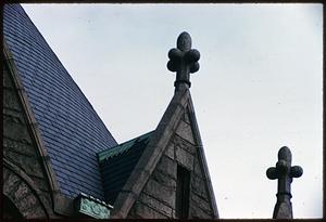 Stone gable with finial on side of a roof, Boston