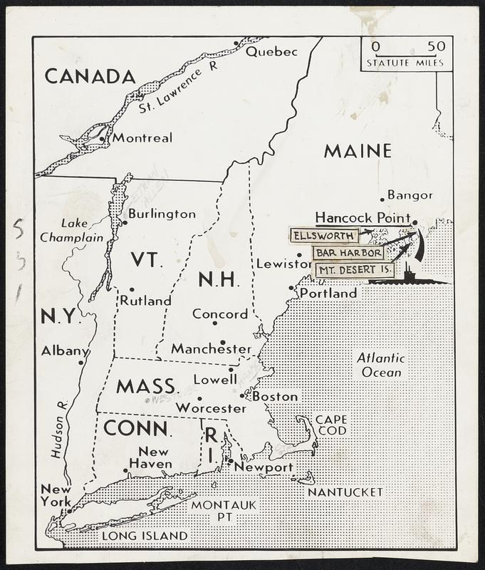 Where Nazi Spies Landed--Located above (submarine symbol) is Hancock Point, Frenchman Bay, on the Maine coast where two German agents were landed from a submarine Nov. 29, according to Federal Bureau of Investigation.