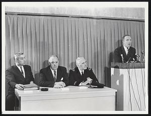 “Greatest Redeployment of Police” in Boston’s history, Mayor White says of report unveiled yesterday. Listening are, left to right, Daniel J. Finn, Office of Public Services administrator; Police Commr. Edmund L. McNamara and Supt. in Chief William J. Taylor.