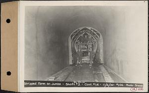 Contract No. 14, East Portion, Wachusett-Coldbrook Tunnel, West Boylston, Holden, Rutland, stripped form on jumbo, Shaft 2, Sta. 166+00, Holden, Mass., Nov. 4, 1930