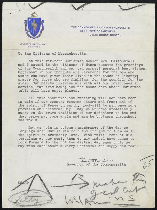 Christmas letter from Governor Leverett Saltonstall to the citizens of Massachusetts