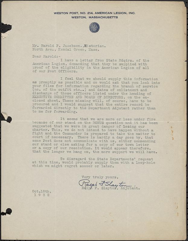 Letter to Harold Frederick Jacobsen from Ralph F. Slayton, Adjutant, 1932-10-18