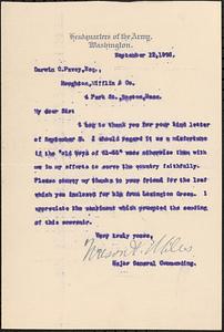 Letter from Nelson A. Miles, Washington, to Darwin C. Pavey, Boston, Mass., 1898 September 12