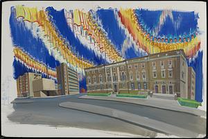 Untitled (Empty college campus facing street, with choirs of yellow robed angels in the sky)