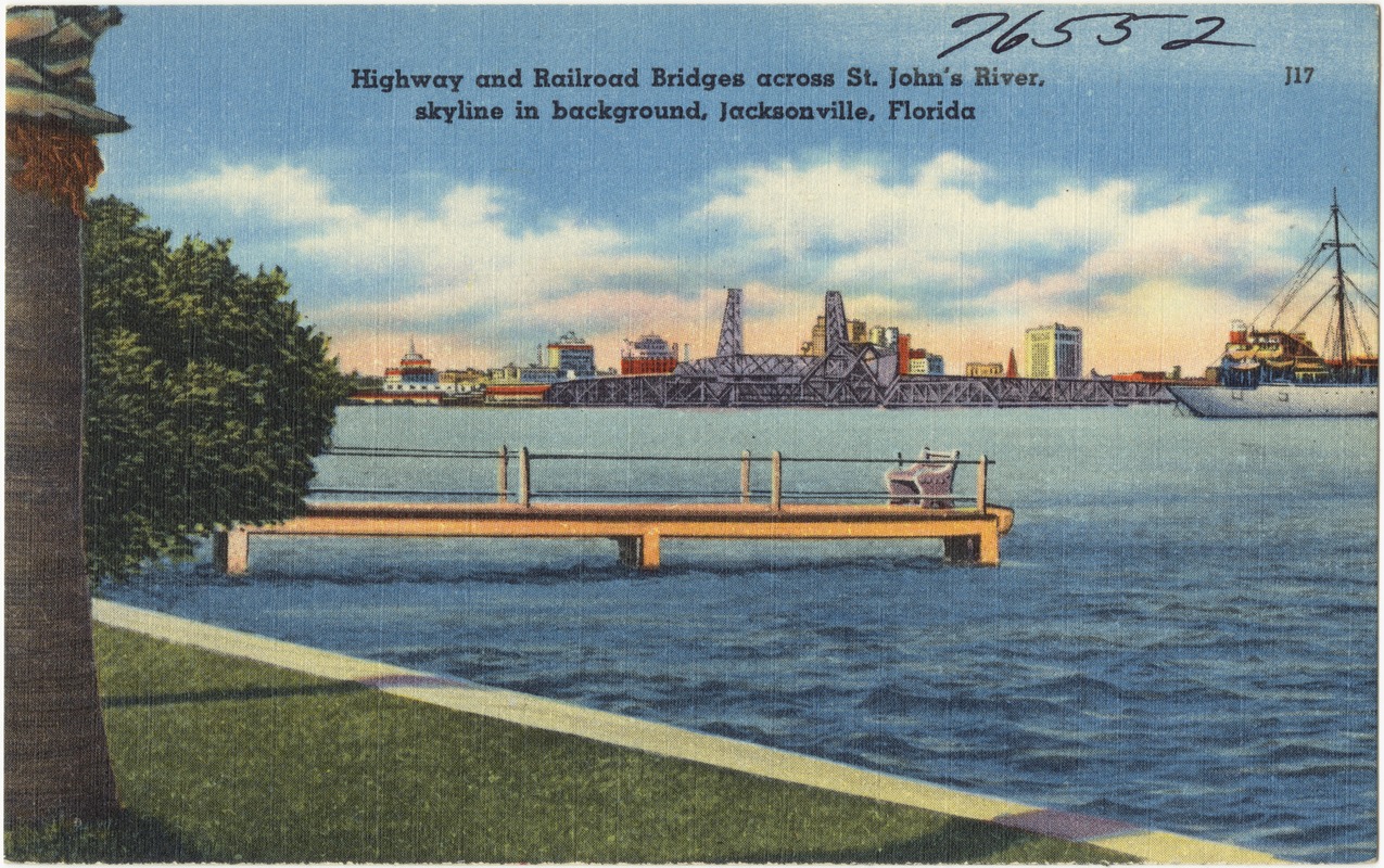 Highway and railroad bridges across St. John's River, skyline in background, Jacksonville, Florida