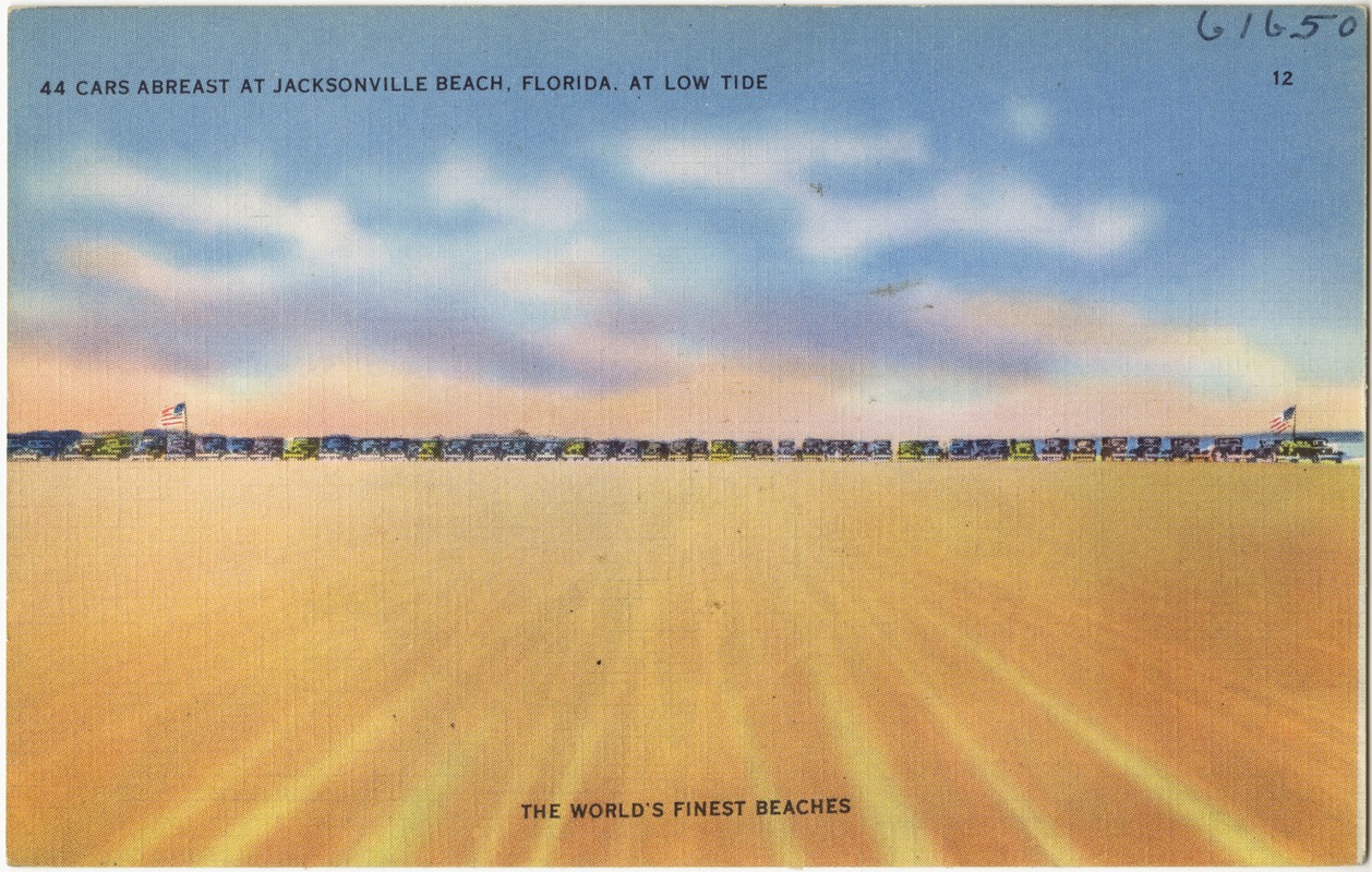 44 cars abreast at Jacksonville Beach, Florida, at low tide