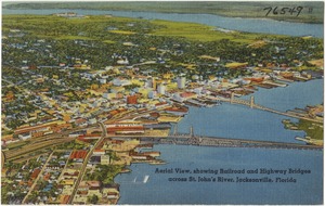 Aerial view, showing railroad and highway bridges across St. John's River, Jacksonville, Florida