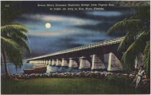 Seven Miles Oversea Highway Bridge from Pigeon Key, at night, on way to Key West, Florida