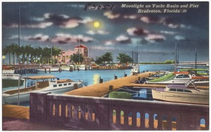 Moonlight on yacht basin and pier, Bradenton, Florida