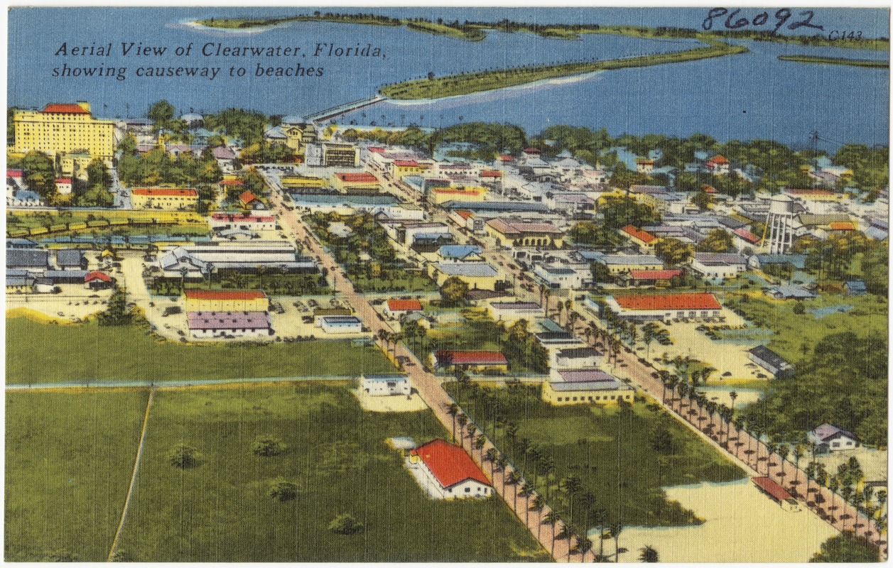 Aerial view of Clearwater Florida, showing causeway to beaches