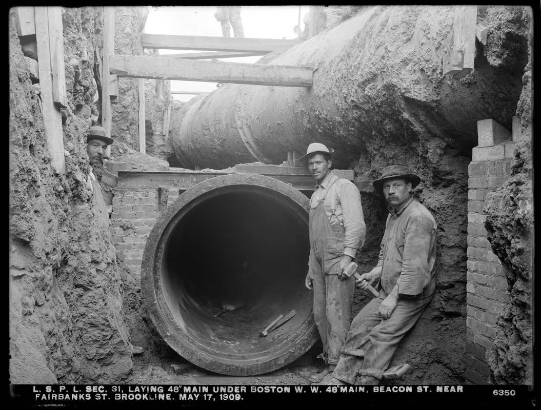 Distribution Department, Low Service Pipe Lines, Section 31, laying 48-inch main under Boston Water Works 48-inch main, Beacon Street near Fairbanks Street, Brookline, Mass., May 17, 1909